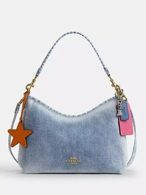 NWT Authentic Coach Laurel Loved Denim Shoulder Bag with Pink & Orange Tags